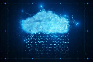 Big Data Cloud Storage Innovation Concept With Light Blue Polygonal Wireframe Cloud Connection Pixel Rain Abstract Dark Technological Background 3d Rendering 300x200