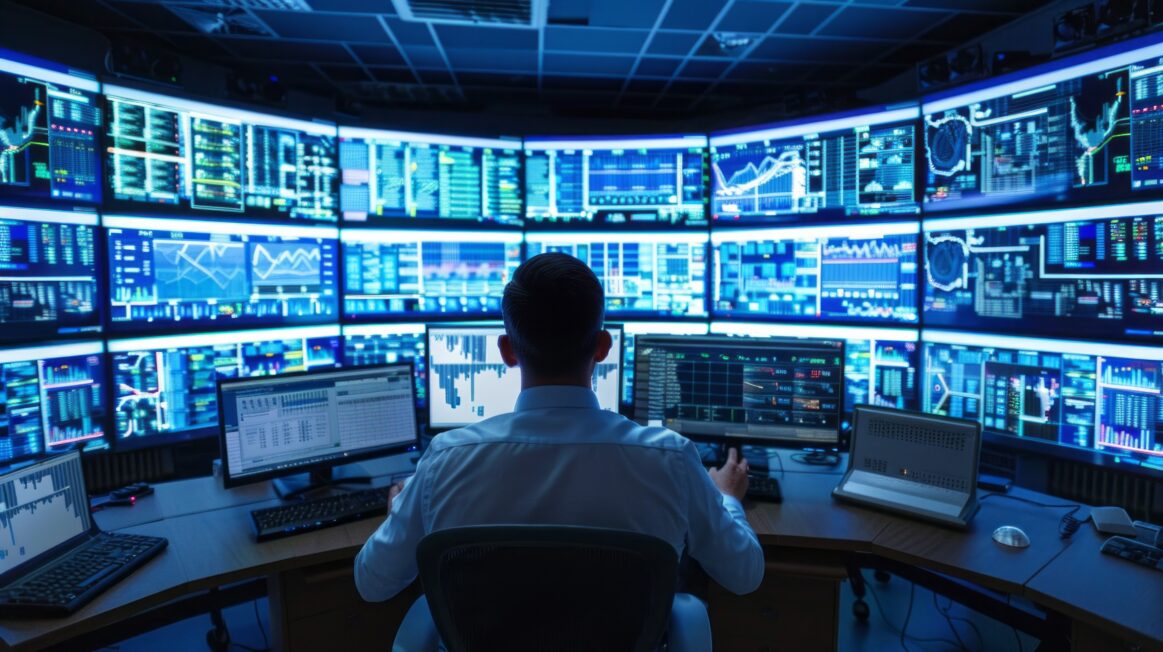 Man Is Sitting Front Computer Monitor With Many Screens 1163x652